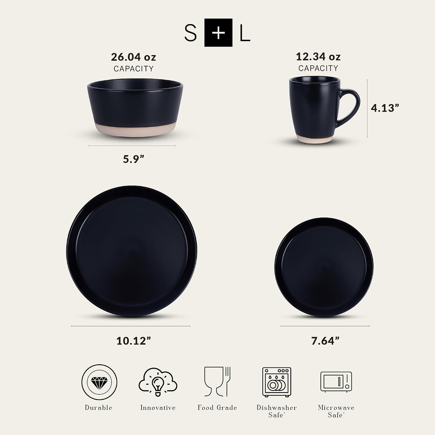 Stone Lain Jules Stoneware 32-Piece Modern Dinnerware Set, Plates and Bowls, Service for 8, Black, Microwave & Dishwasher Safe
