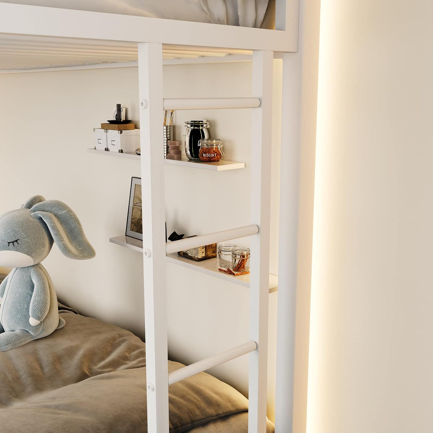 ikalido Metal Loft Bunk Bed Twin Over Full Size with Safety Guardrail and Ladder, No Box Spring Needed Space Saving Bedroom Furniture, Cream White