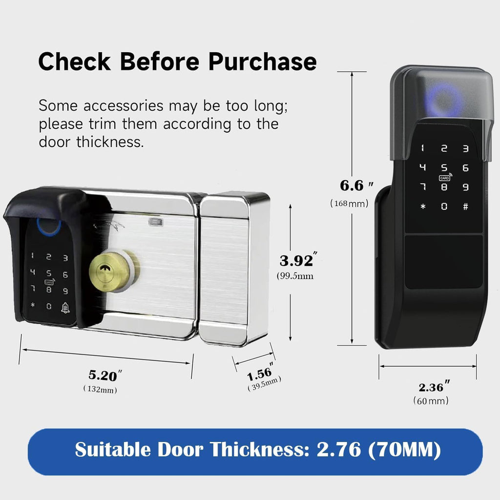 Smart Latch Double Side Gate Lock, Keyless Fingerprint Rim Lock with Keypad, Password & IC Card - Waterproof Electronic Digital Door Deadbolt for Outdoor Fence (Black Waterproof)