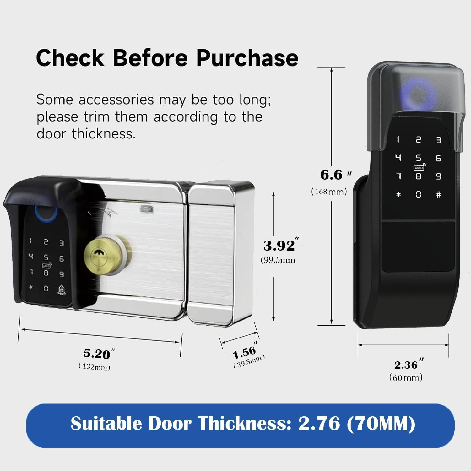 Smart Latch Double Side Gate Lock, Keyless Fingerprint Rim Lock with Keypad, Password & IC Card - Waterproof Electronic Digital Door Deadbolt for Outdoor Fence (Black Waterproof)