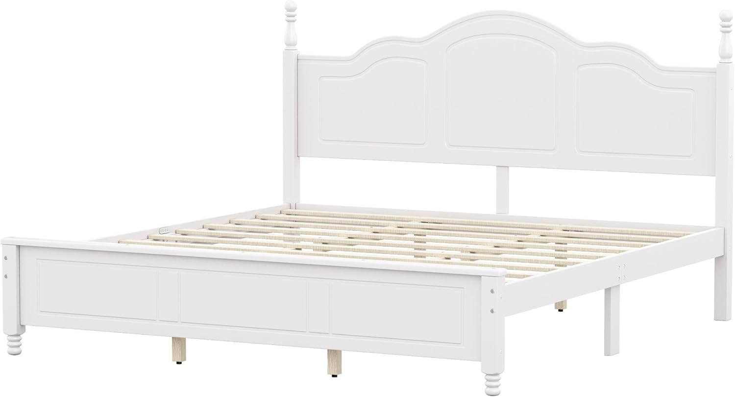 JIVOIT Wood King Bed Frame with Headboard and Footboard, Retro Style Platform Bed with Wooden Slat Support, Solid Wood Foundation, King Size Wooden Bed Frame (White,King Bed, 1)