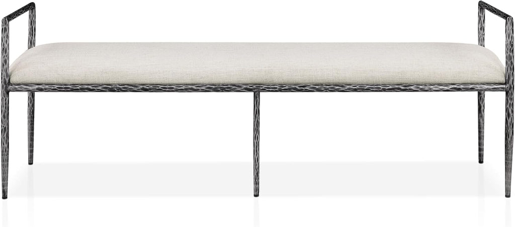 24/7 Shop at Home Lalia Hammered Metal 3-Piece Bedroom Collection, Upholstered Bed Frame with Beige Fabric Headboard, Forged Steel, Bench and 1-Shelf Nightstand, Foundation Required, Full, Matte Grey