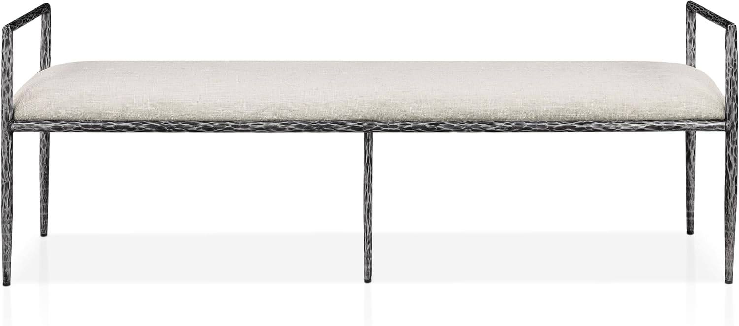 24/7 Shop at Home Lalia Hammered Metal 4-Piece Bedroom Collection, Upholstered Bed Frame with Beige Fabric Headboard, Bench and 1-Shelf Nightstands, Foundation Required, Full, Matte Grey