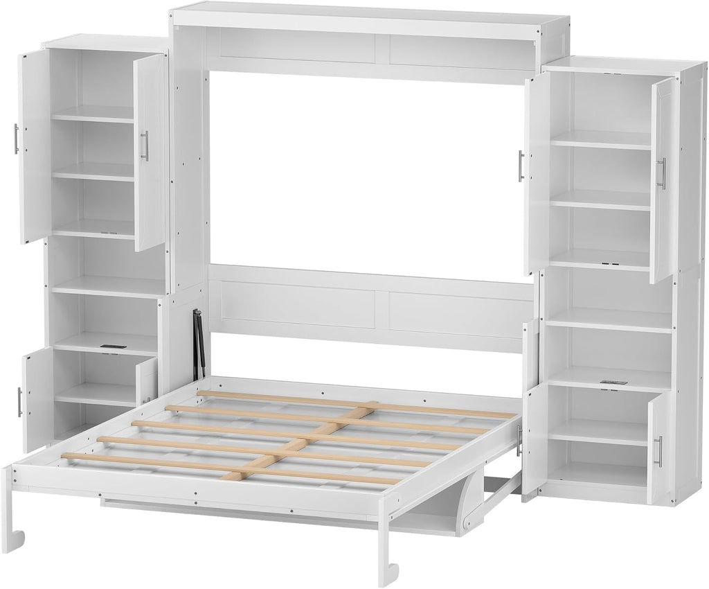 PVWIIK Queen Size Murphy Bed with Storage Drawers & Desk,Wall Bed Frame Folding into Cabinet Design w/Charging Station & Storage Shelf for Small Space,Bedroom,Guest Room,White