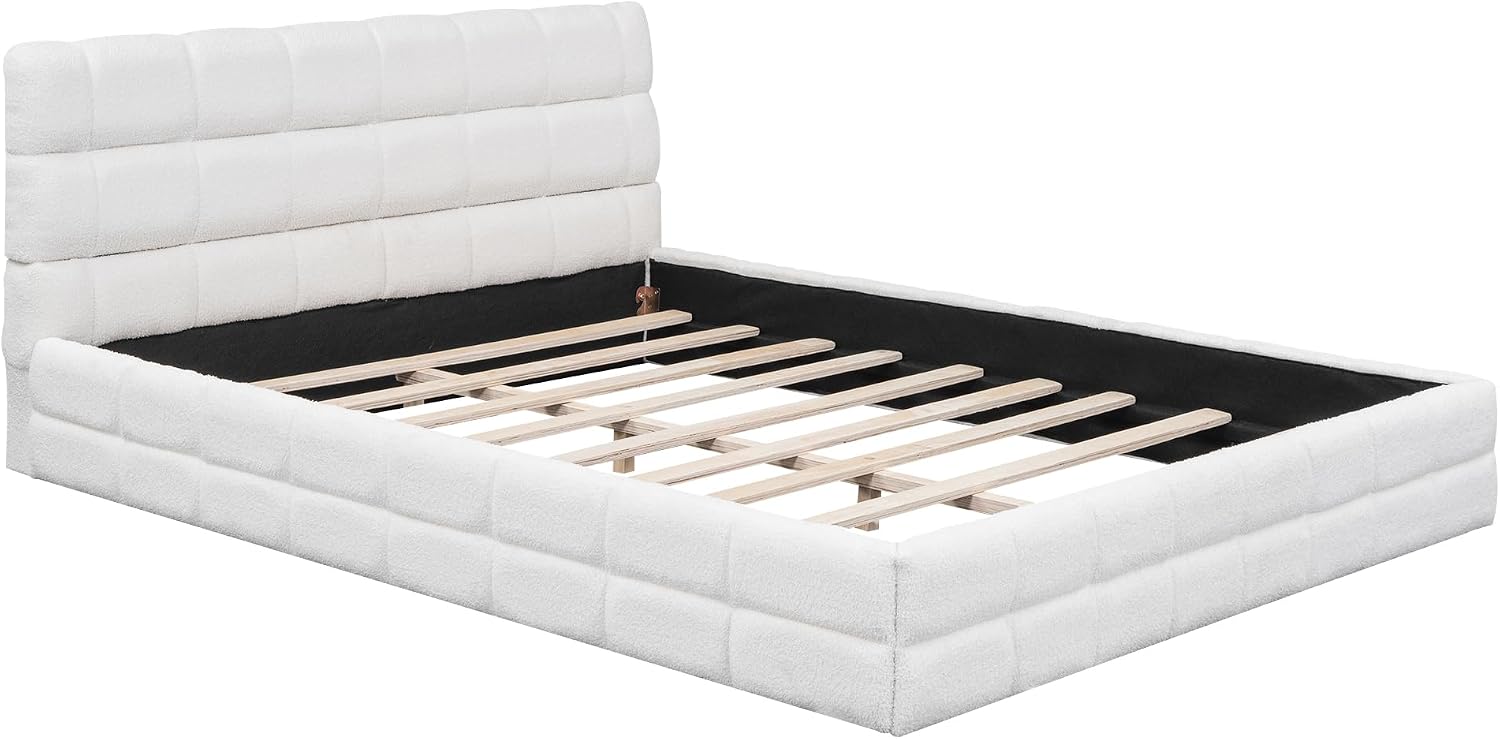 Queen Size Upholstered Platform Bed, Velvet headboard,Wood Slat Support, No Box Spring Needed,Easy Assembly,Bedroom Set (A+White)
