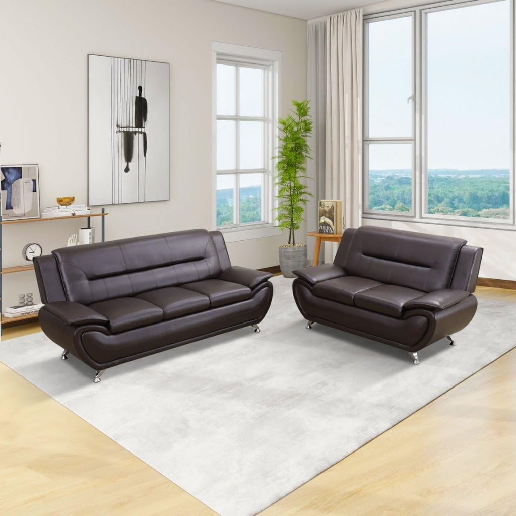Contemporary Living Room Furniture Set, Vegan Leather Sofa Set for Living Room/House/Bedroom/Office/Apartment (Brown, Sofa+Loveseat)