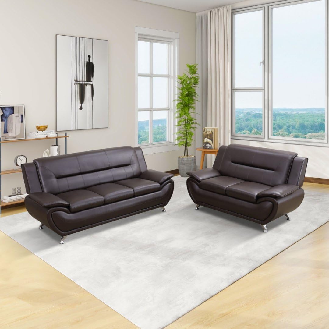 Contemporary Living Room Furniture Set, Vegan Leather Sofa Set for Living Room/House/Bedroom/Office/Apartment (Brown, Sofa+Loveseat)