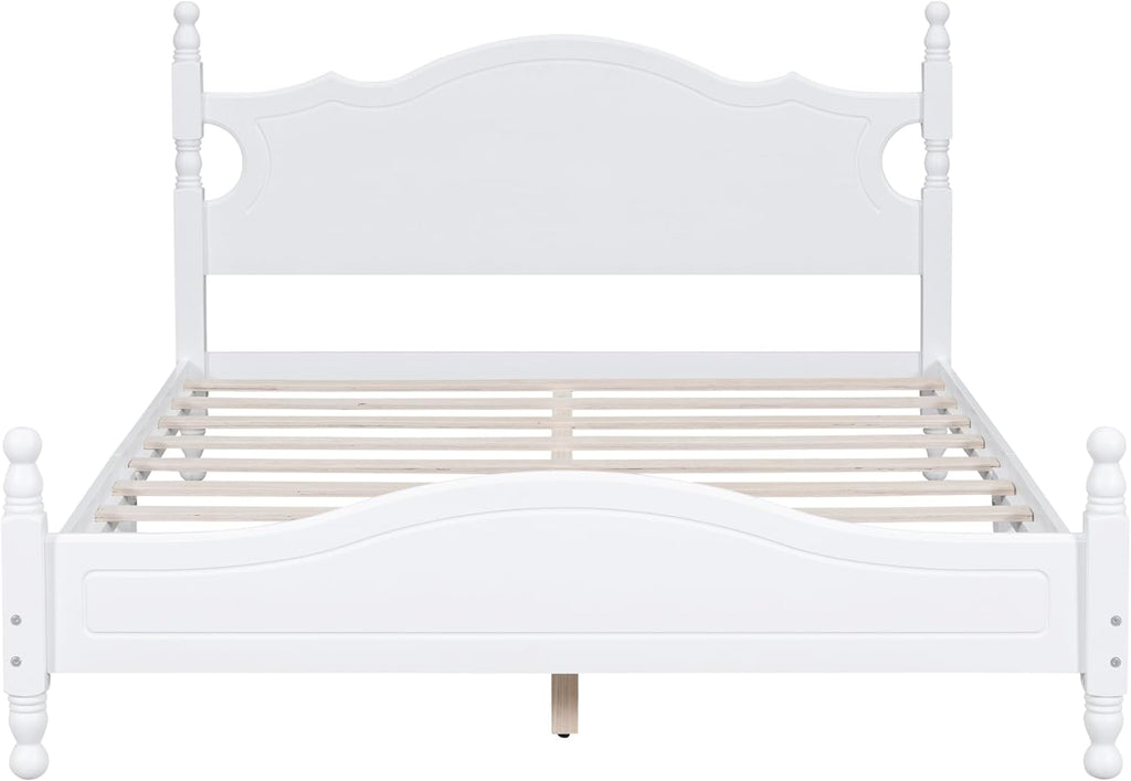 JIVOIT Retro Style Platform Bed with Headboard and Footboard, Queen Size Wood Platform Bed Frame with Wooden Slat Support, Solid Wood Foundation, No Box Spring Required (White,Queen,5)