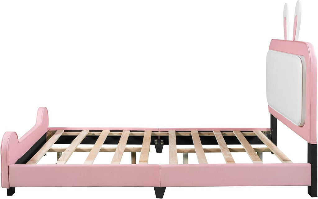 Full Size Upholstered Rabbit-Shape Princess Bed,with Headboard and Footboard Frames Platform Bed for Girls Boy Teen Full Bed Frames for Kids Bedroom Atmosphere Easy to Assemble (Pink+White, Full)