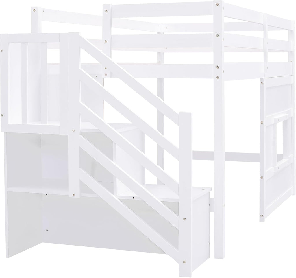 Low Loft Bed with Storage Staircase and Window, Twin Size Loft Bed with Guardrails and Wood Slats Support, Solid Wood Bed Frame, Space Saving Design, No Box Spring Need (White,Staircase+Window)