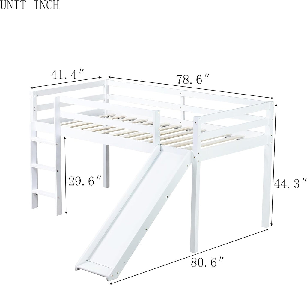 JIVOIT Twin Size Low Loft Bed with Slide and Ladder, Rubber Wood Twin Loft Bed with Under Bed Storage Space, Wood Slats Support, No Box Spring Needed (White/407)
