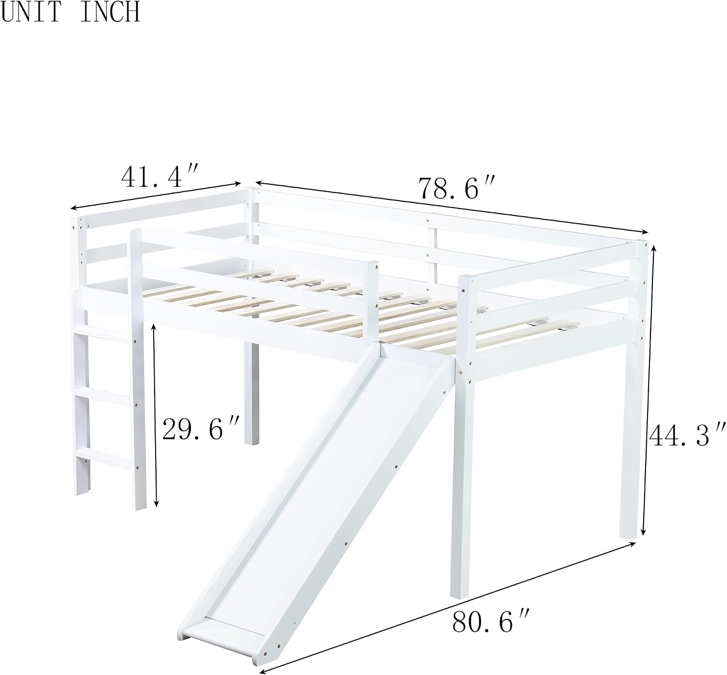 JIVOIT Twin Size Low Loft Bed with Slide and Ladder, Rubber Wood Twin Loft Bed with Under Bed Storage Space, Wood Slats Support, No Box Spring Needed (White/407)