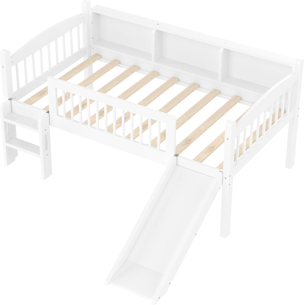 JIVOIT Twin Loft Bed with Storage Shelves, Solid Wood Lower Loft Bed with Full-Length Guardrails, Wood Slats Support, Space-Saving Design, No Box Spring Needed (White,Twin,51)