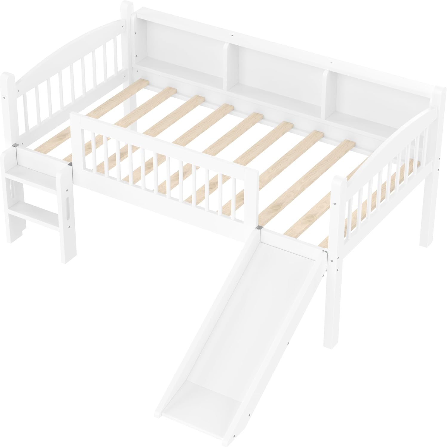 JIVOIT Twin Loft Bed with Storage Shelves, Solid Wood Lower Loft Bed with Full-Length Guardrails, Wood Slats Support, Space-Saving Design, No Box Spring Needed (White,Twin,51)