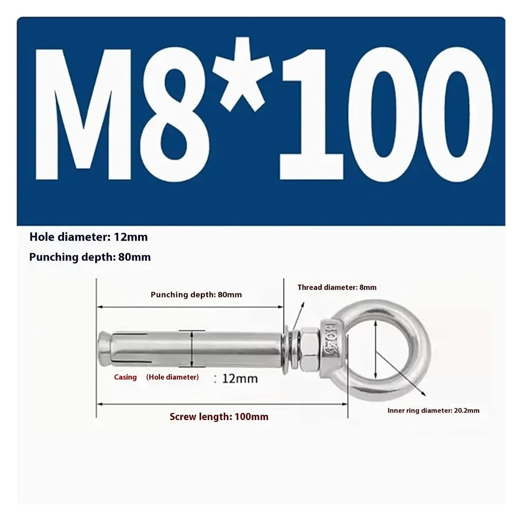 Anchor Bolts,Expansion Bolt, 5Pcs Stainless Steel Universal Ring Expansion Screw Sleeve Anchor Concrete Eye Bolt Installation Artifact Long Hook(M8*100MM)