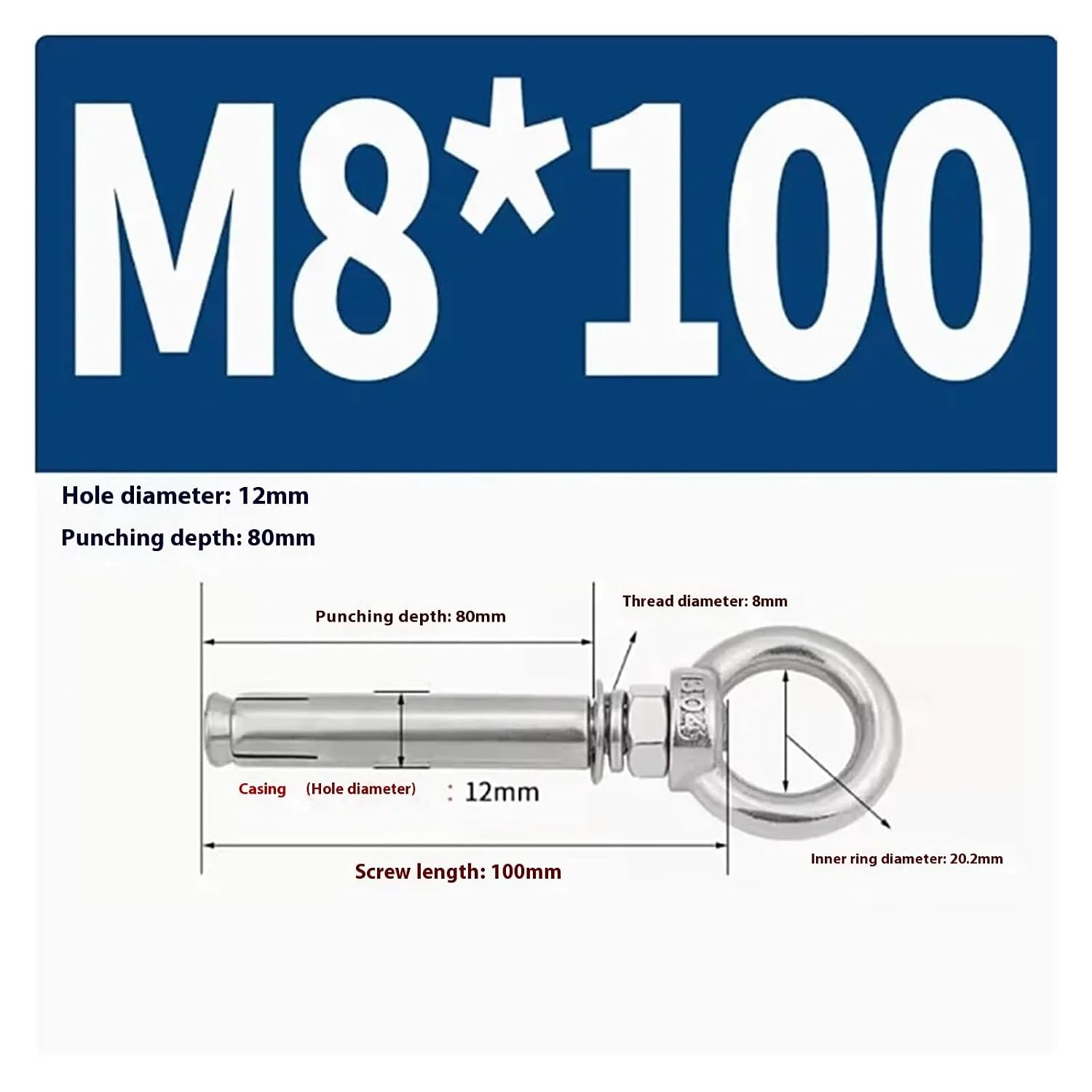 Anchor Bolts,Expansion Bolt, 5Pcs Stainless Steel Universal Ring Expansion Screw Sleeve Anchor Concrete Eye Bolt Installation Artifact Long Hook(M8*100MM)