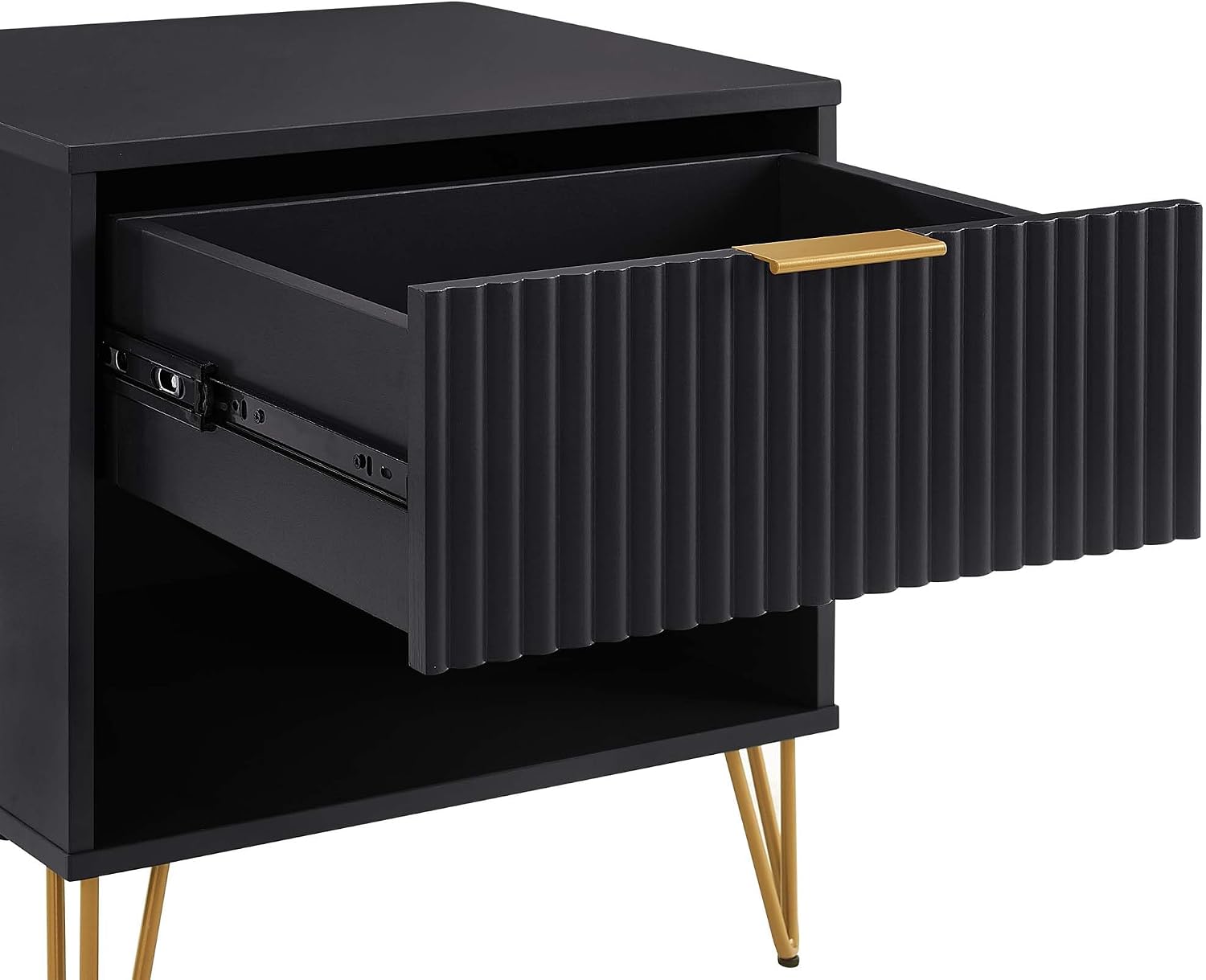 Manhattan Comfort Dumbo 2 Piece Modern Set, 3 Drawer Dresser & 1 Drawer Nightstand with Fluted Ribbed Front, Gold Metal Legs, No Tool Assembly, Storage Cabinet for Bedroom or Living Room in Black