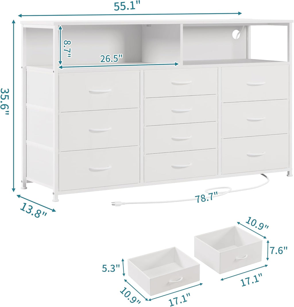 Unionly 55W 10-Drawers Dresser with 2 Open Storage Shelves, TV Stand Dresser for 55,65 inch TV，with Power Outlets and LED Lights, Fabric Dressers Drawers for Bedroom, Living Room (White)
