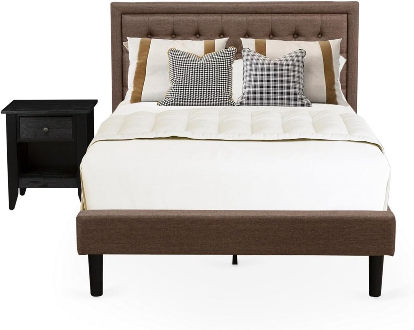 Casafoyer KD18F-1GA06 2 Pc Bedroom Set - 1 Full Platform Bed Brown Linen Fabric Padded and Button Tufted Headboard - 1 Wooden Nightstand with Wooden Drawer - Black Finish Legs