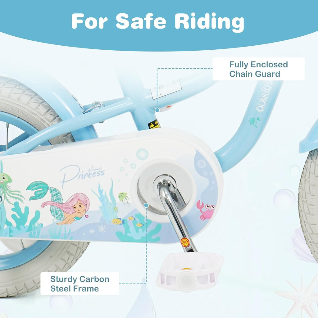 Olakids Kids Bike, 12 14 16 18 20 Inch Mermaid Theme Girls Bicycle with Training Wheels Basket Adjustable Seat and Handlebar Dual Brake