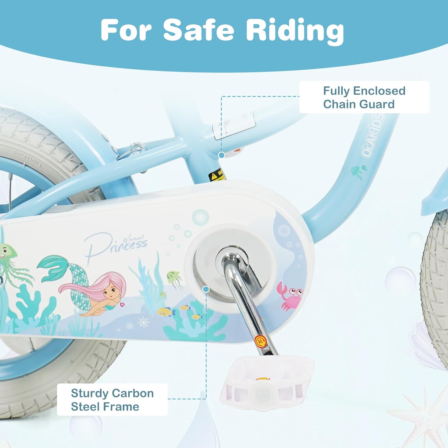 Olakids Kids Bike, 12 14 16 18 20 Inch Mermaid Theme Girls Bicycle with Training Wheels Basket Adjustable Seat and Handlebar Dual Brake