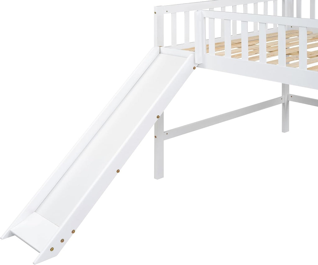 JIVOIT Full Size Wood Loft Bed with Slide, Low Loft Bed with Built-in Ladder and Safety Rails, Space Saving Kids Loft Bed with Underneath Spacious Space, for Kids Boys Girls (White,Full 1)