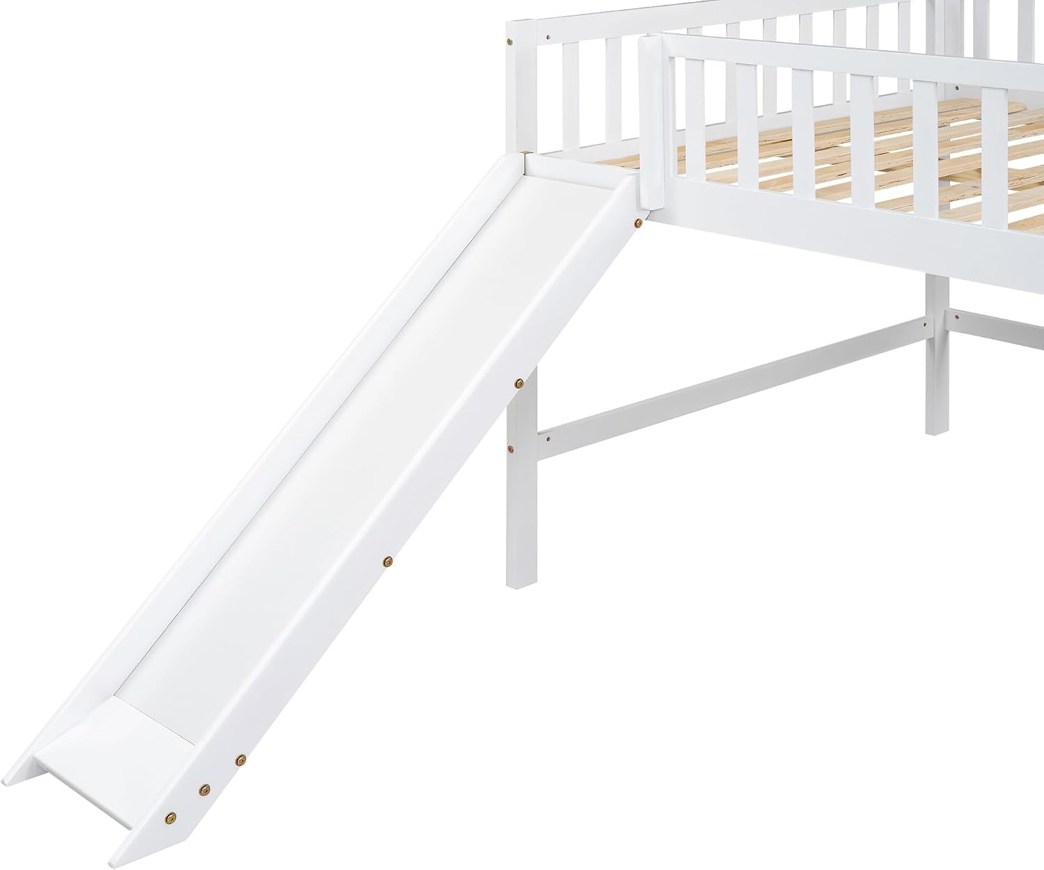 JIVOIT Full Size Wood Loft Bed with Slide, Low Loft Bed with Built-in Ladder and Safety Rails, Space Saving Kids Loft Bed with Underneath Spacious Space, for Kids Boys Girls (White,Full 1)