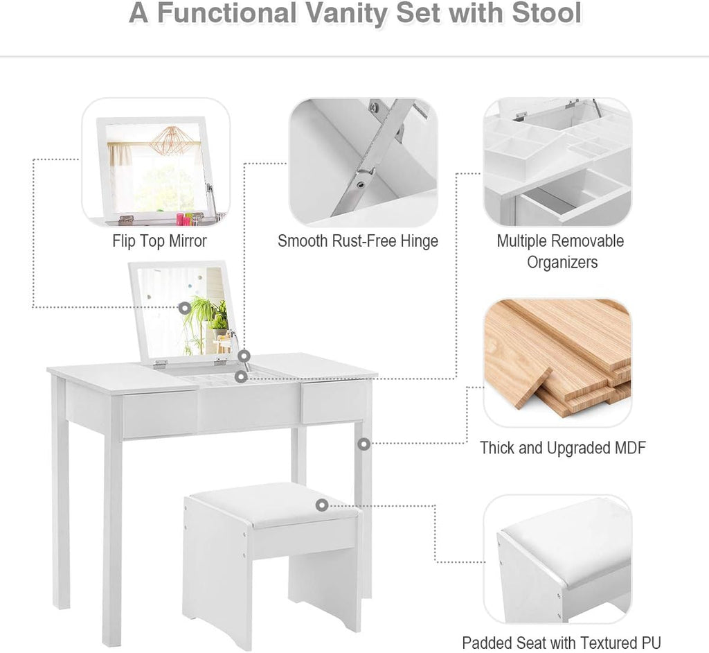 Giantex Vanity Set with Flip Top Mirror and Cushioned Stool, Makeup Dressing Table Writing Desk with 2 Drawers & 3 Removable Organizers, Makeup Table Set Easy Assembly, White