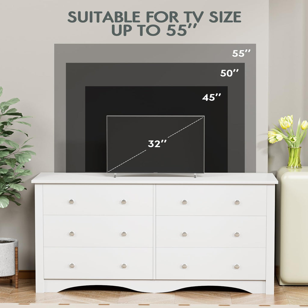 YESHOMY Dresser for Bedroom with 6 Drawer, Wood Wide Chest Storage Organizer and TV Stand for Living Room, Hallway, Dormitory, White
