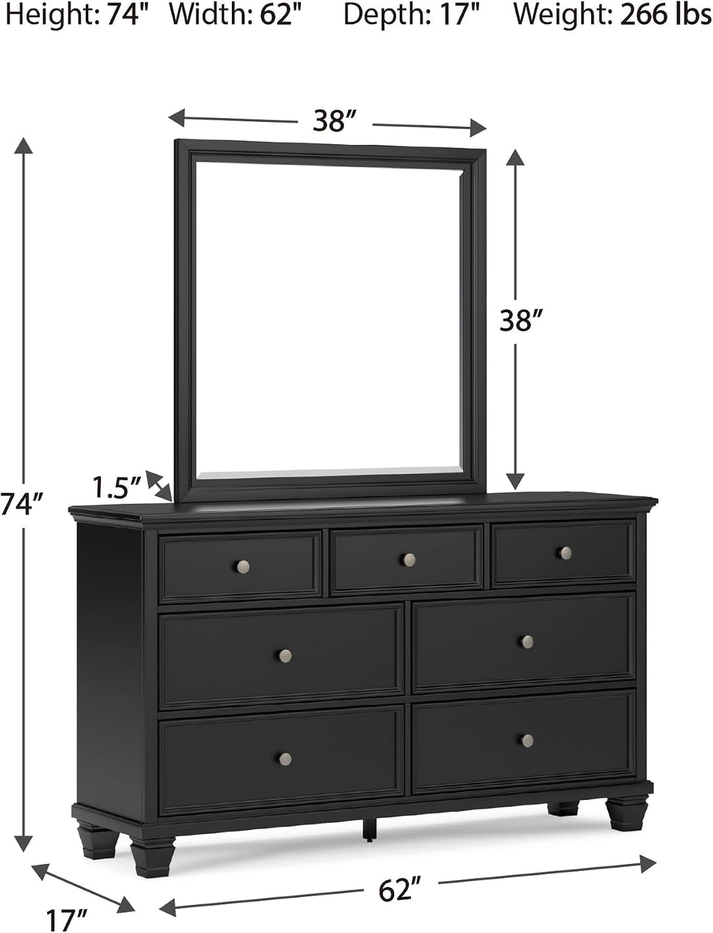 Signature Design by Ashley Lanolee Modern 7-Drawer Dresser and Mirror with Safety Stop, Classic Style, Sturdy Wood, Birch Veneer, Framed Drawer Fronts, Metal Drawer Knobs, Pewter-Tone Finish, Black