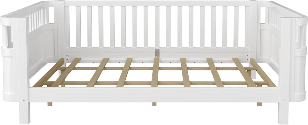 Harper & Bright Designs Queen Size Kids Montessori Bed Frame, Solid Wood Low Profile Bed with Detachable Fence, Rounded Corners & Protective Design, Modern Daybed for Boys, Girls, White