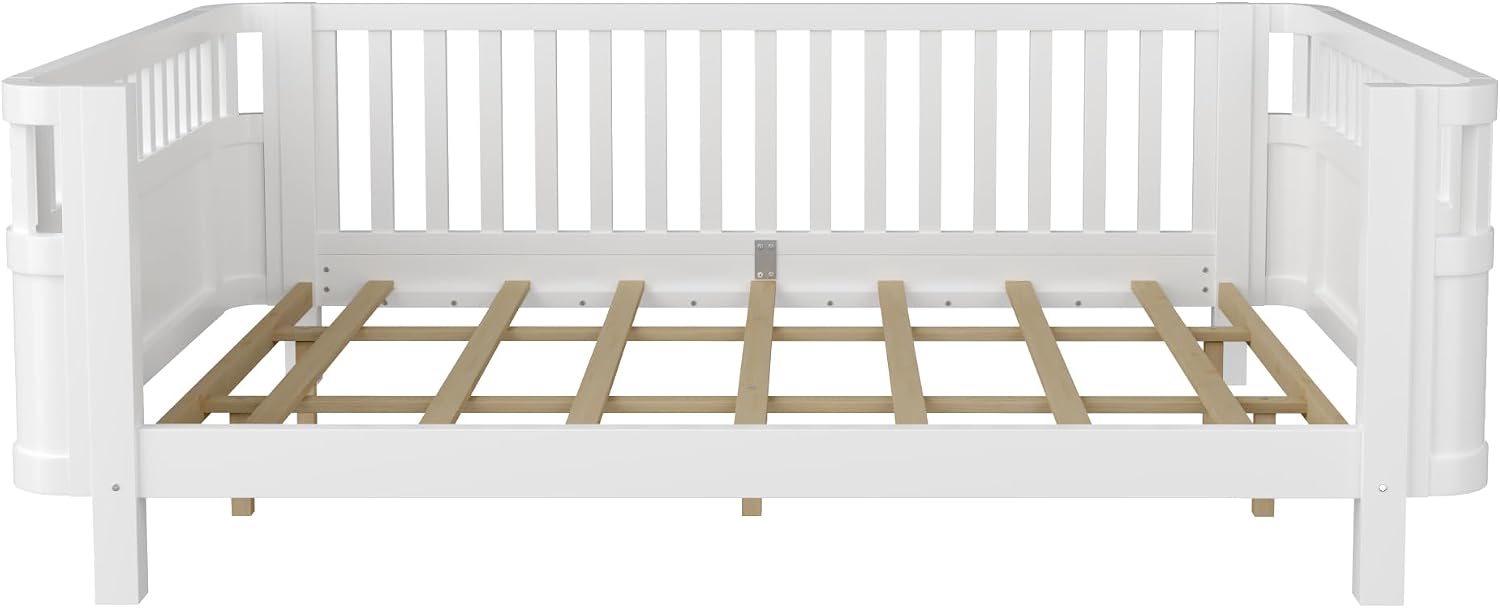 Harper & Bright Designs Queen Size Kids Montessori Bed Frame, Solid Wood Low Profile Bed with Detachable Fence, Rounded Corners & Protective Design, Modern Daybed for Boys, Girls, White