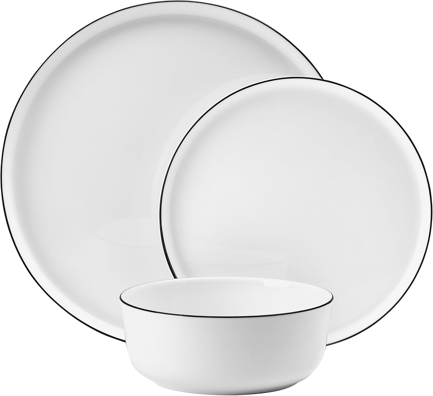 Mikasa Samantha 12 Piece Bone China Dinnerware Plate and Bowl Set, Service for 4, Black Banded Rim, Chip-Resistant, Lightweight, Durable, White