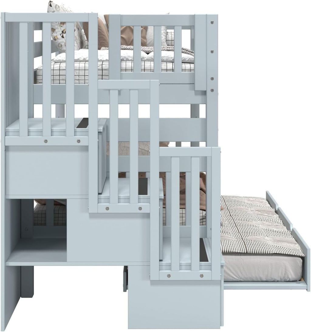 Bedz King Stairway Bunk Beds Twin Over Twin, 3 Step Drawers and a Twin Trundle, Breezy Blue