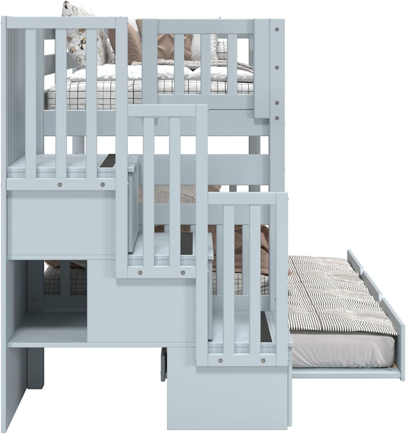 Bedz King Stairway Bunk Beds Twin Over Twin, 3 Step Drawers and a Twin Trundle, Breezy Blue