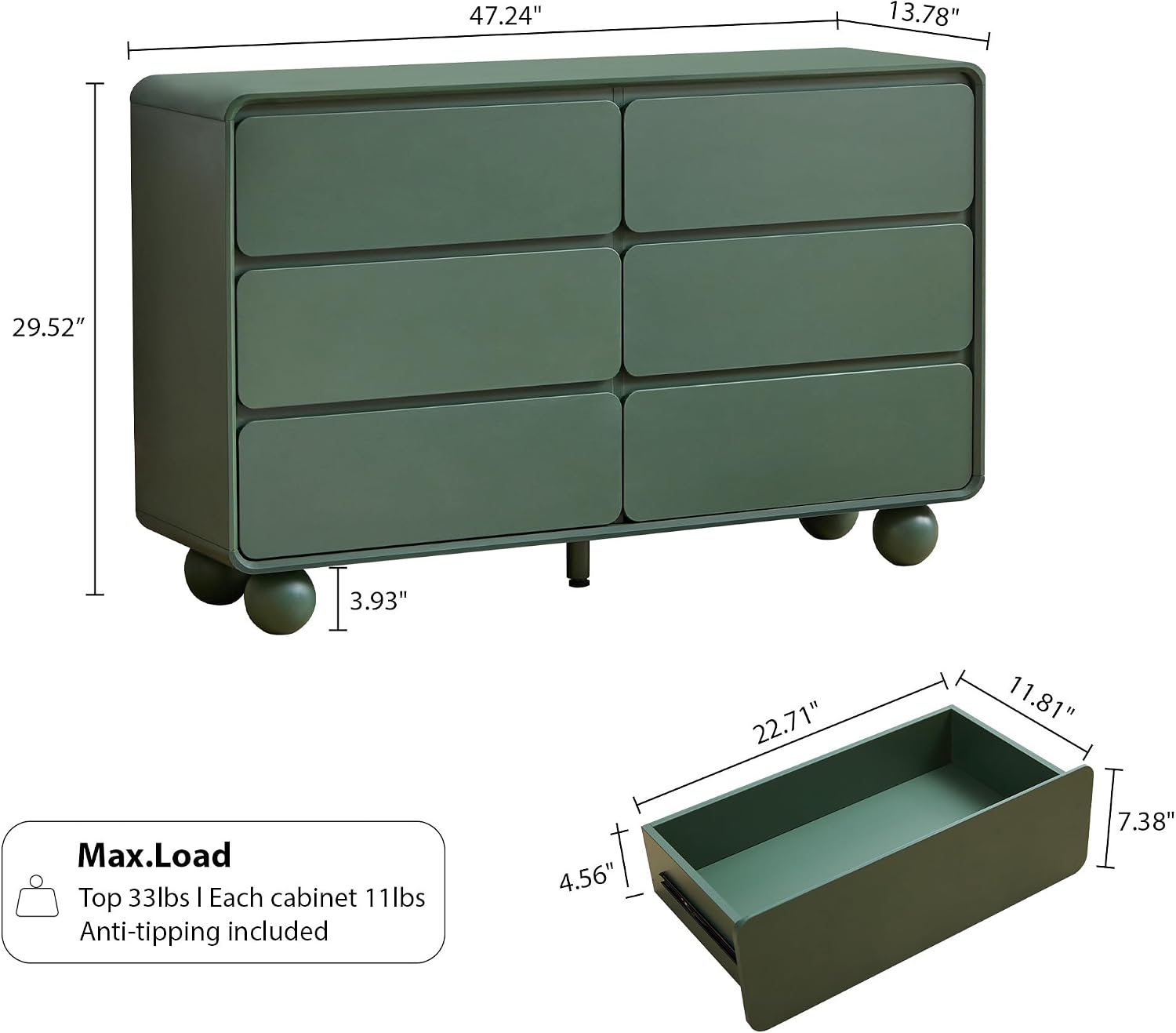 AVZEAR Modern 6 Drawer Green Dresser for Kids Bedroom, 48' Wide Wooden Dresser Chest of Drawers, Handle Free & Curved Profile Design, Mid Century Closet Clothes Storage Organizer for Living Room