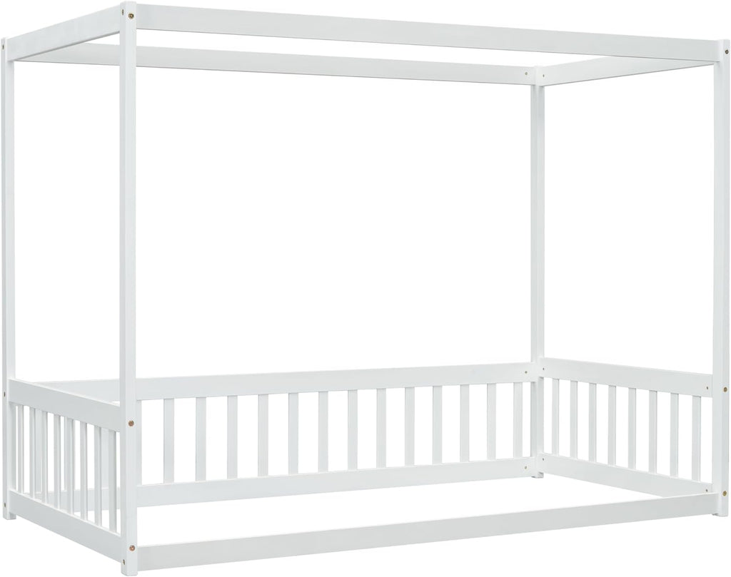 Twin Size Canopy Bed Frame with Guardrails for Kids,Floor Bed Twin with Four Poster Design,Kids Montessori Floor Bed,Wood Canopy Bed Frame for Girls,Boys(Twin,White)