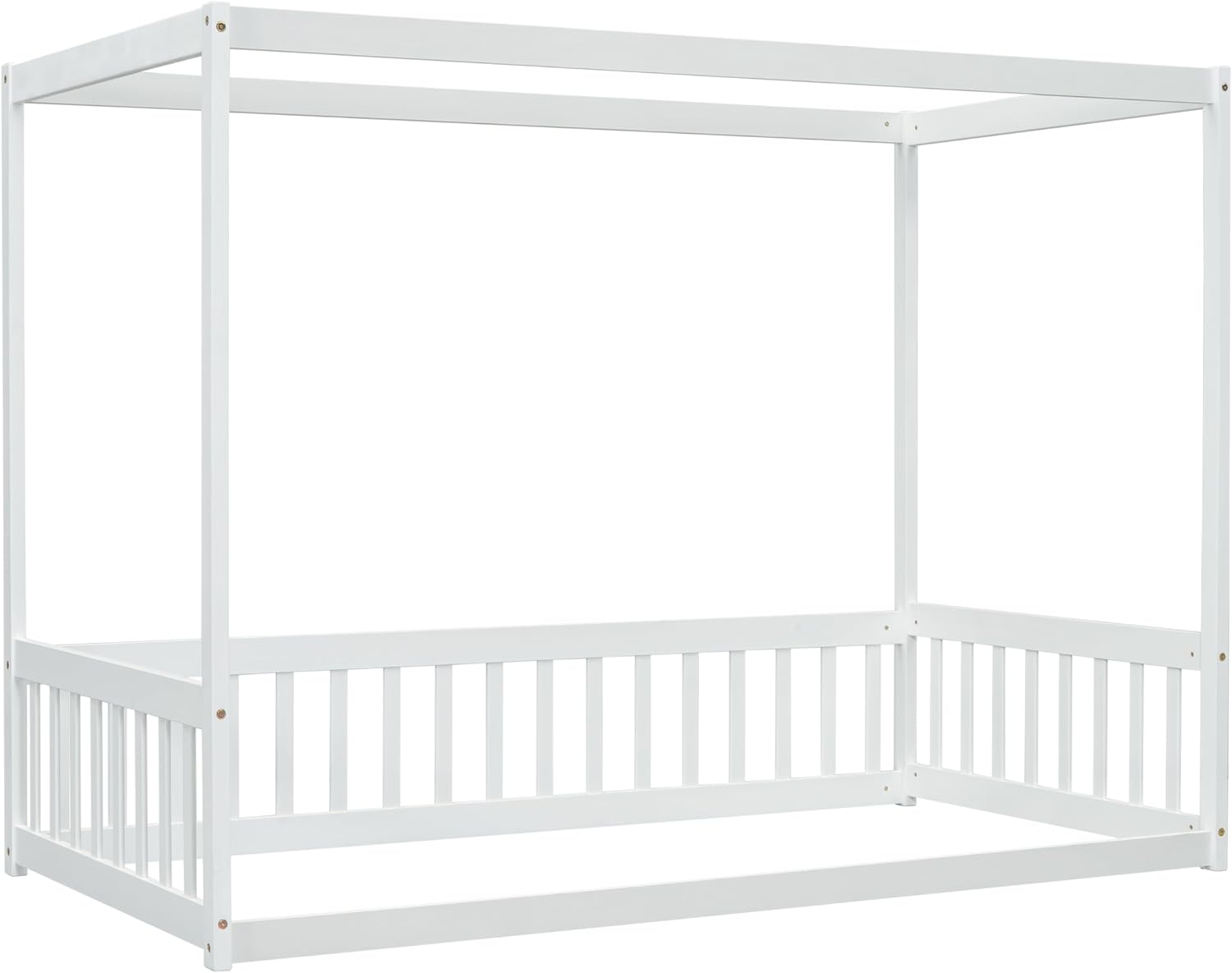Twin Size Canopy Bed Frame with Guardrails for Kids,Floor Bed Twin with Four Poster Design,Kids Montessori Floor Bed,Wood Canopy Bed Frame for Girls,Boys(Twin,White)