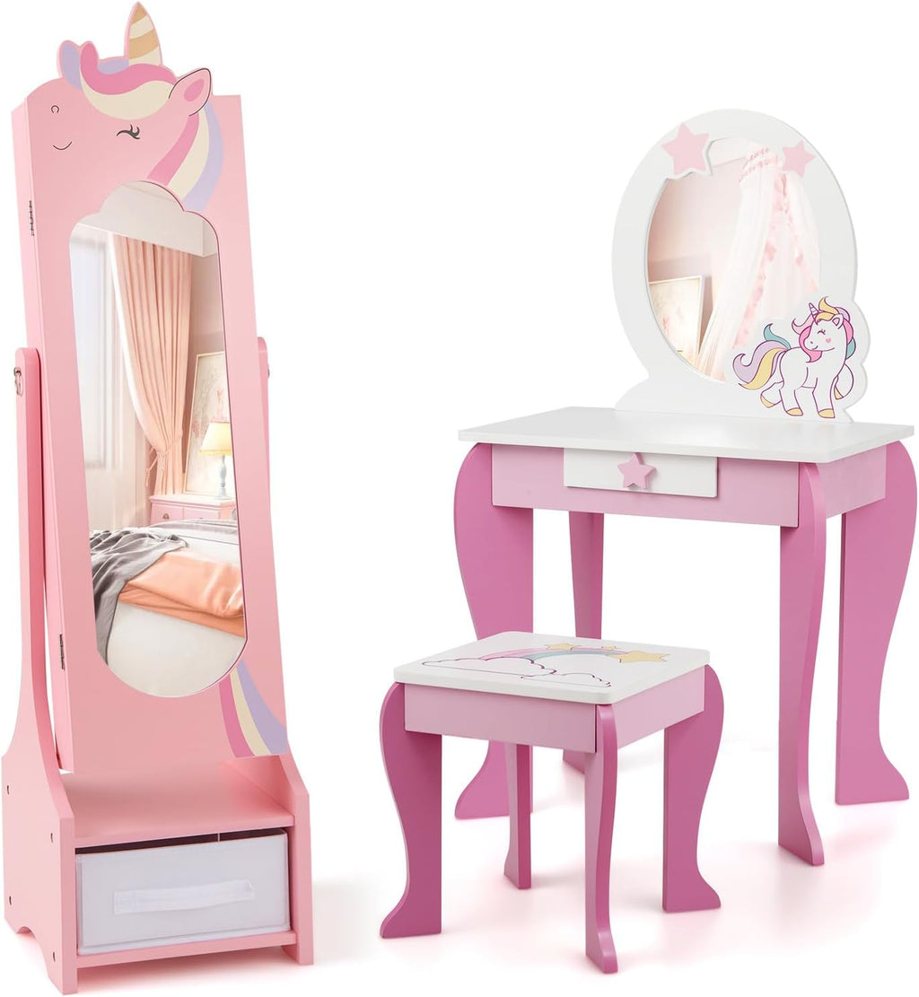 GLACER Kids Vanity & Kids Jewelry Armoire, Princess Little Girls Vanity, Standing Children Jewelry Organizer w/Full-Length Mirror & Foldable Drawers, Adjustable Angles, Kids Bedroom Set (Pink)