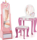 GLACER Kids Vanity & Kids Jewelry Armoire, Princess Little Girls Vanity, Standing Children Jewelry Organizer w/Full-Length Mirror & Foldable Drawers, Adjustable Angles, Kids Bedroom Set (Pink)