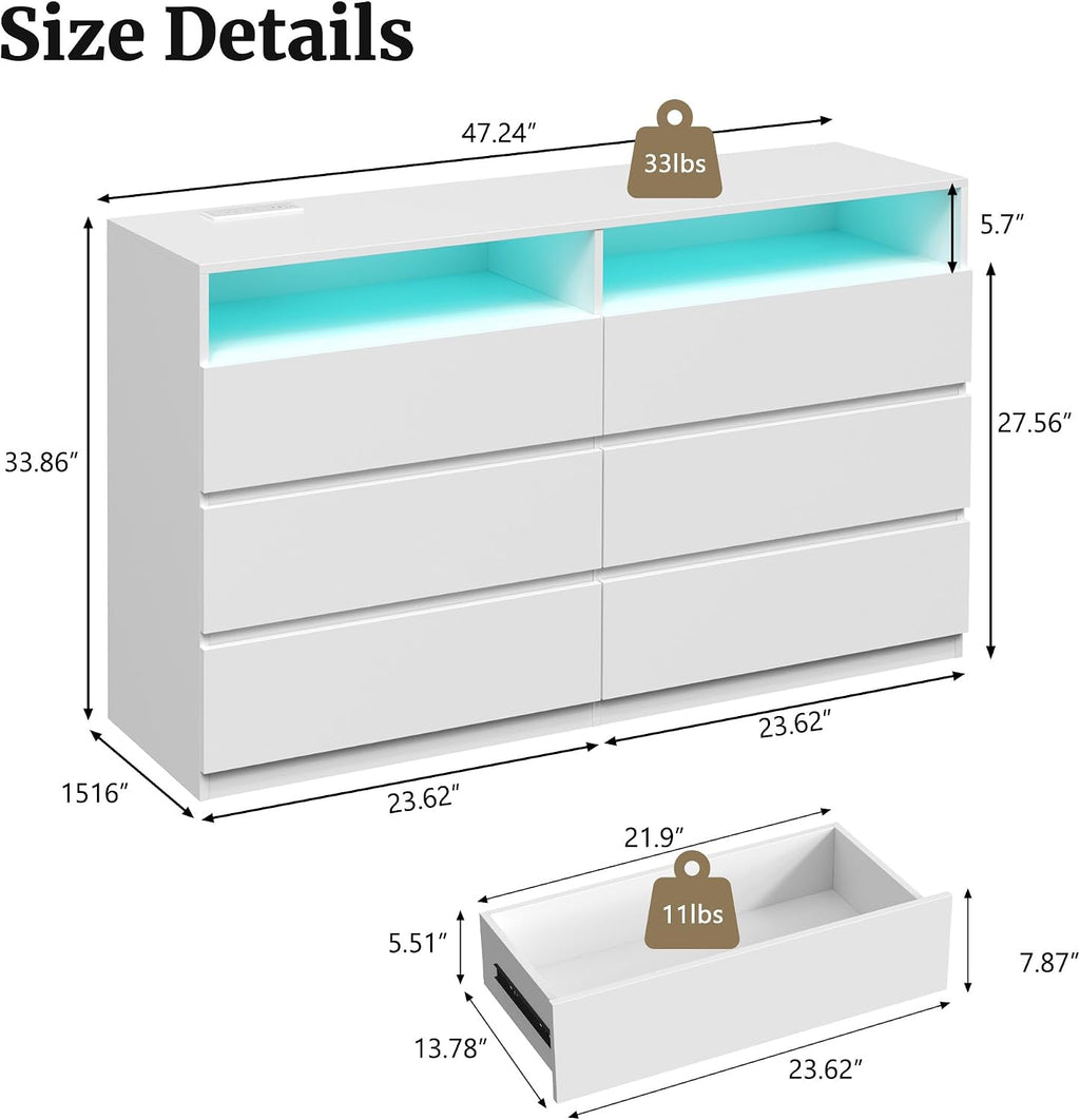 White Dresser, 6 Drawer Dresser for Bedroom with LED Lights, Power Outlet, Modern Wood Chest of Drawers for Closet, Double Wide Drawer Organizer Cabinet for Bedroom, Living Room, Entryway, Hallway