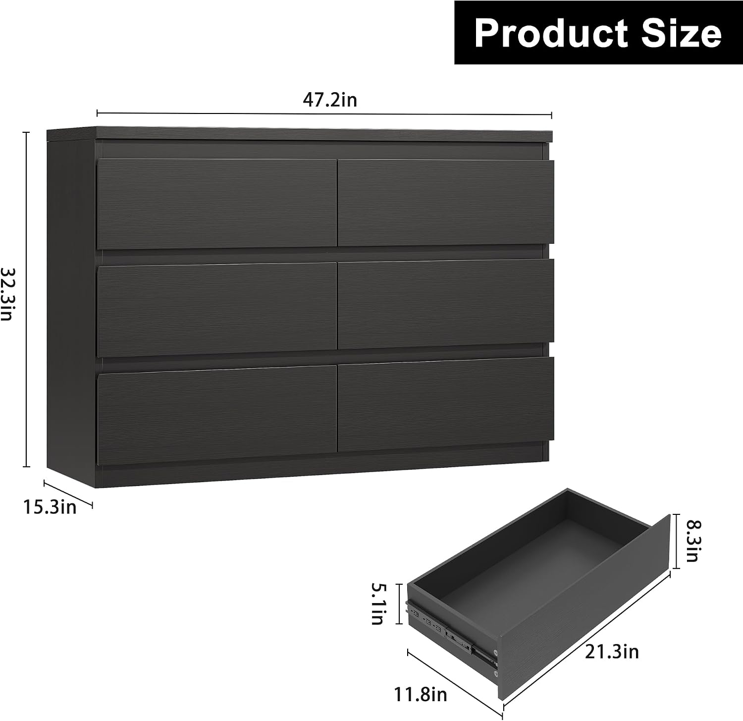 Jocoevol Modern 6 Drawer Dresser Black Dresser for Bedroom, Simply Chest of Drawers, Wood Storage Dresser with Deep Drawers for Living Room Hallway Entryway, Black