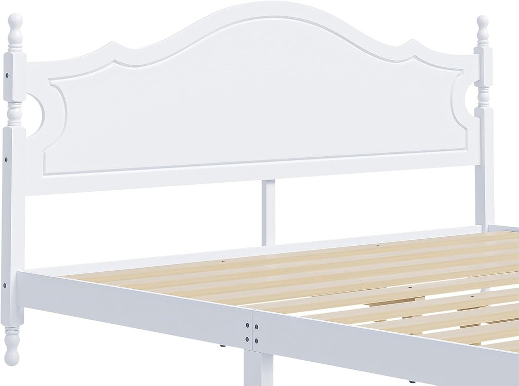 JIVOIT Retro Style Platform Bed with Headboard and Footboard, King Size Wood Platform Bed Frame with Wooden Slat Support, Solid Wood Foundation, No Box Spring Required (White,King,5)