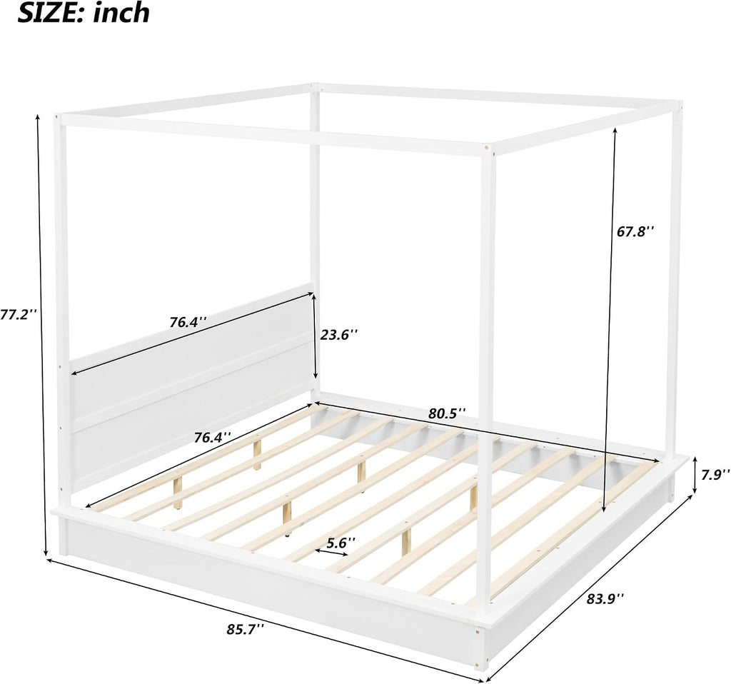 King Size Canopy Platform Bed with LED Lights and Headboard, Wooden 4-Post Canopy Bed Frame with Support Slats, No Box Spring Needed (King)