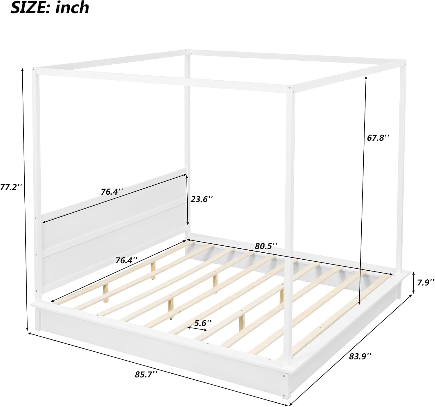 King Size Canopy Platform Bed with LED Lights and Headboard, Wooden 4-Post Canopy Bed Frame with Support Slats, No Box Spring Needed (King)