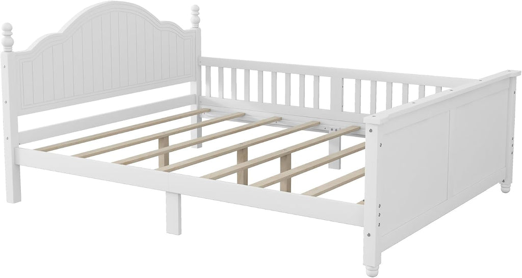 KEIKI Full Size Wooden Floor Bed w/Safety Removable Rails, Kids Platform DayBed Frame w/Headboard, Low Profile, Space Saving Day Beds for Boys Girls Bedroom, No Box Spring Needed, Easy Assembly, White