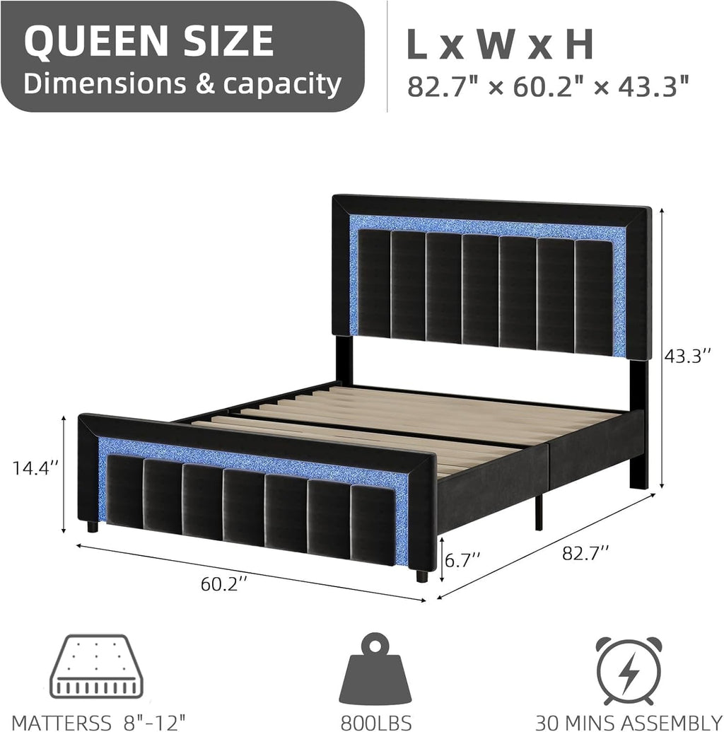 Queen Size Bed Frame with LED Lights and Velvet Upholstered Adjustable Headboard, Bed Frame Queen Size with Diamond Headboard & Footboard, Wooden Slats Support, Noise Free, No Box Spring Needed, Black