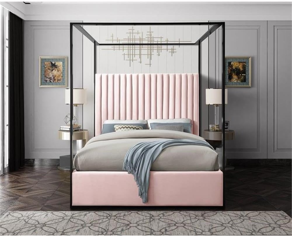 MAKLAINE Contemporary Solid Wood Queen Canopy Bed, Pink Velvet Upholstery, Matte Black Finish, Deep Channel Tufting, Full Slats, 66.5' W x 86.5' D x 78.5' H, Elegant Bedroom Furniture