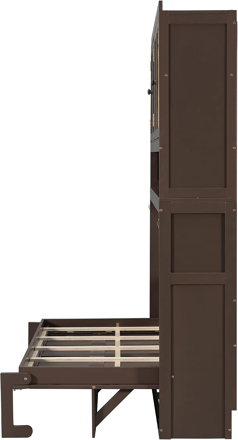 Harper & Bright Designs Twin Size Horizontal Murphy Bed with Top Storage Cabinet, Space Saving Wood Foldable Murphy Wall Bed Frame with Light & USB for Teens Adults, Espresso