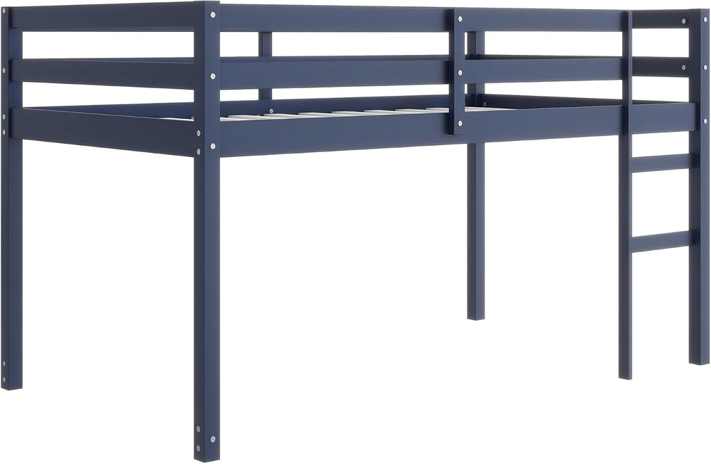 JIVOIT Twin Size Loft Bed with Ladder, Solid Rubber Wooden Low Height Loft Bed, Bed Platform of Strengthened Slats, No Box Spring Needed (Blue//14)